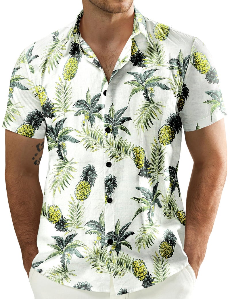 JOGAL Men's Flower Casual Button Down Short Sleeve Hawaiian Shirt White Green X-Large - Image 1